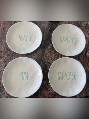 Rae Dunn Beach & Summer Melamine Dinner Plates with Teal Lettering, Set of 4